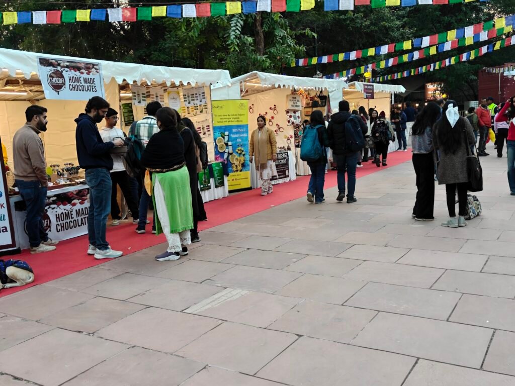 Temporary exhibition stalls with handmade products at Dilli Haat INA