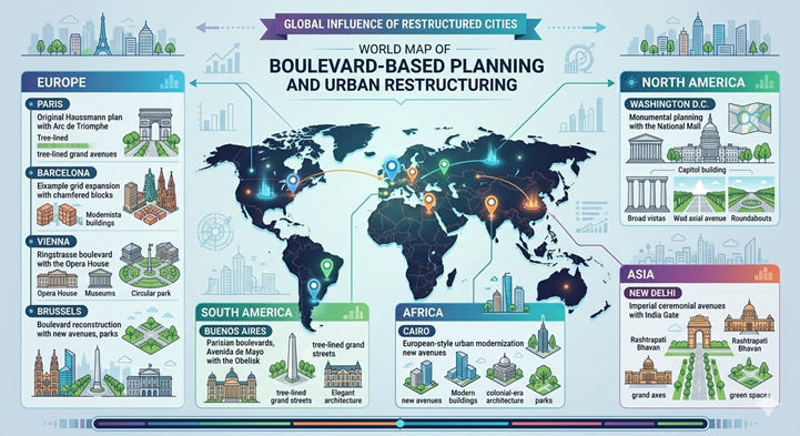World map showing global influence of Haussmann urban planning and boulevard systems