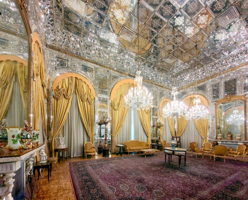 Ornate mirrored hall inside Golestan Palace Tehran showcasing Persian architecture and chandeliers World Heritage Sites
