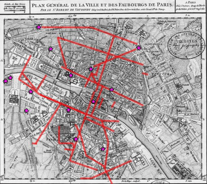 Haussmann boulevard network overlay on historic Paris map showing urban restructuring