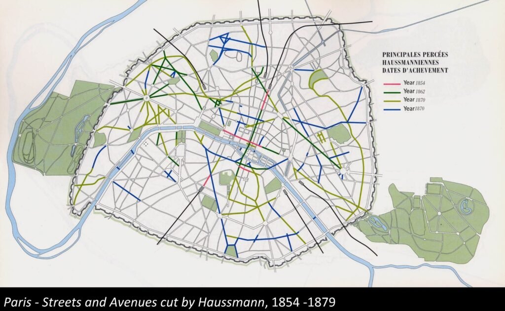 Paris plan showing Haussmann streets avenues and green infrastructure network