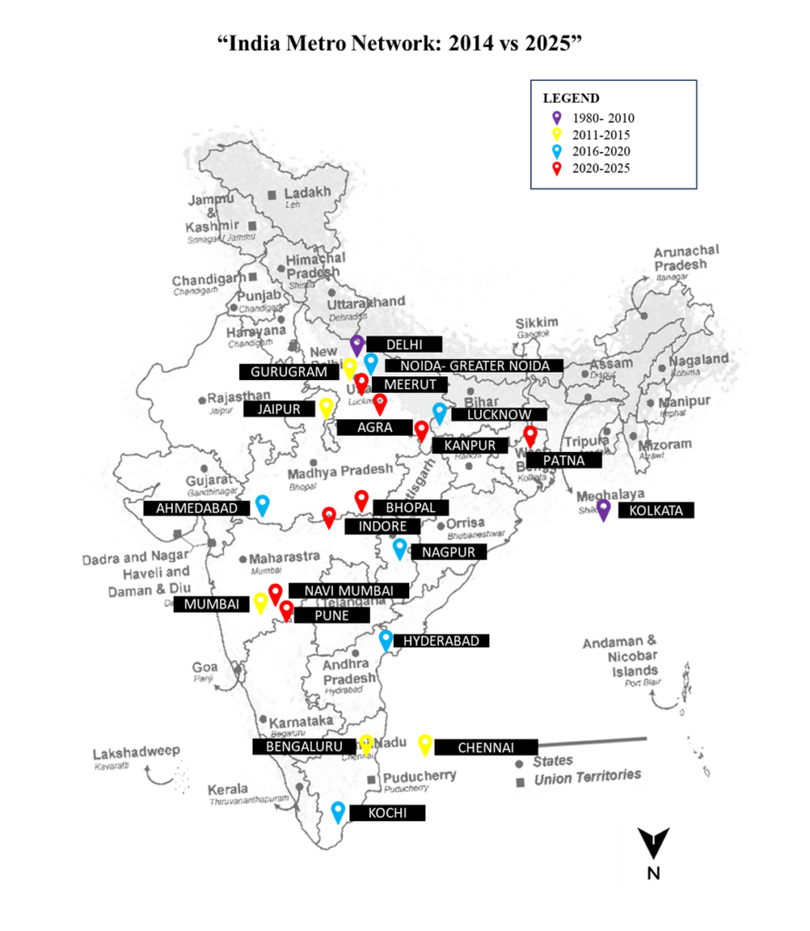 India metro network map showing cities like Delhi, Mumbai, Bengaluru, Hyderabad, Ahmedabad and Lucknow
