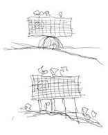 Conceptual sketch illustrating ecological landscape infrastructure and nature-based urban design principles.