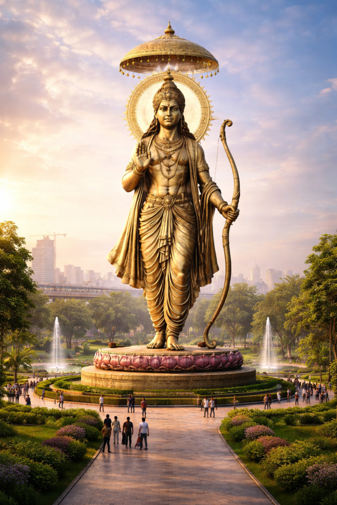 Concept image of the proposed 81-foot Lord Ram statue planned for Mangolpur Kalan Hanuman Mandir Park in Mangolpuri, Delhi.