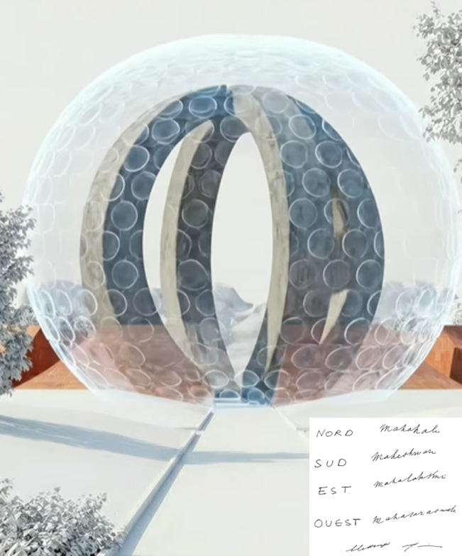 Four structural pillars of Matrimandir in Auroville symbolising Maheshwari Mahakali Mahalakshmi and Mahasaraswati