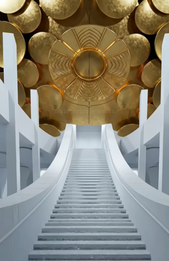 Interior staircase leading to the meditation chamber beneath the golden sphere of Matrimandir