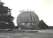 Skeletal metal framework of Matrimandir sphere before installation of golden discs