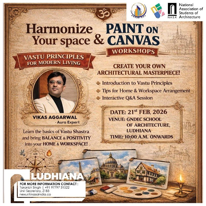NEXUS 2026 poster featuring Vastu session and Paint on Canvas workshop at GNDEC Ludhiana
