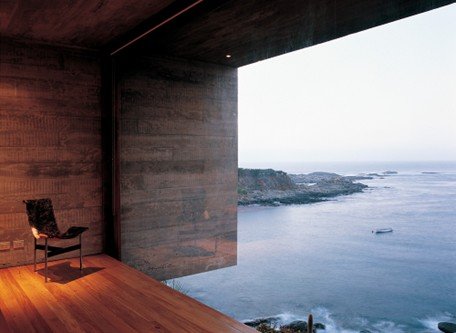 Interior view of Pite House overlooking the Pacific Ocean designed by Smiljan Radić