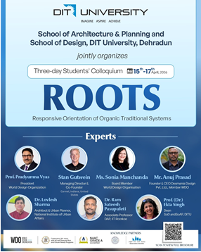 ROOTS 2026 international students colloquium poster by DIT University Dehradun featuring experts and event details