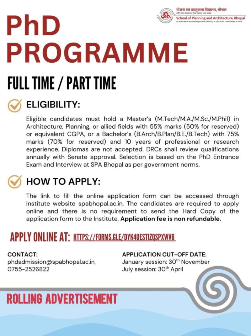 PhD Opportunities at SPA Bhopal: Full-Time and Part-Time Research Programme Announced