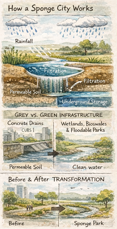 Illustration explaining how sponge cities absorb rainfall through permeable soil, wetlands, and underground water storage systems.