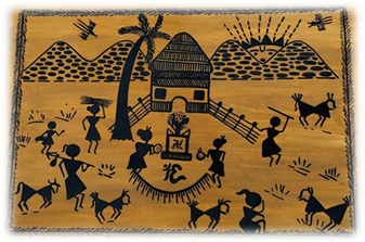 Warli painting depicting village life with geometric figures