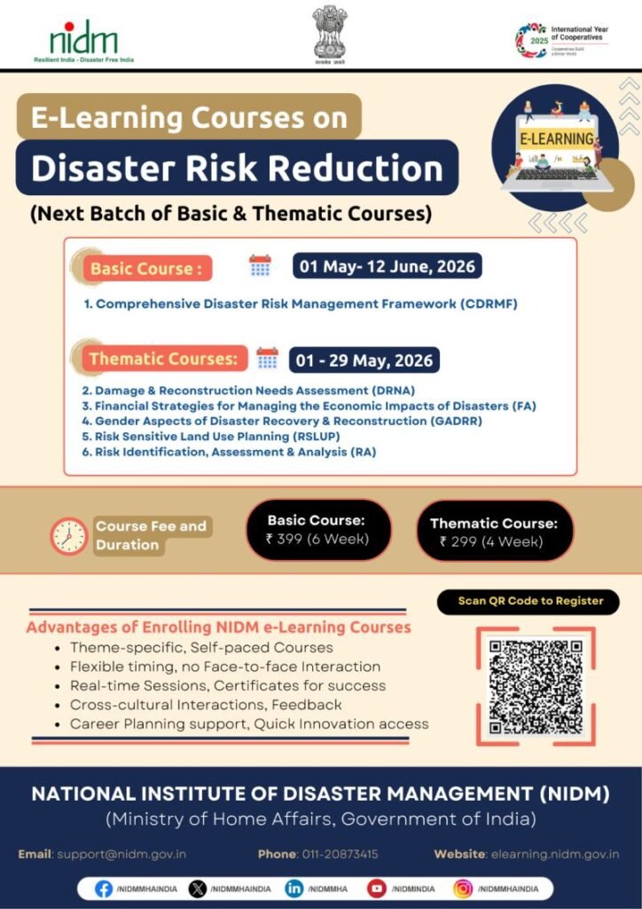 NIDM Disaster Risk Reduction E-Learning Courses 2026 poster with course details and registration QR code
