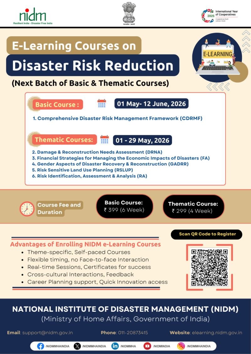 NIDM Disaster Risk Reduction E-Learning Courses 2026 poster with course details and registration QR code