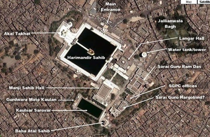 Aerial view of Shri Harmandir Sahib complex showing Akal Takht, Sarovar, and surrounding urban fabric