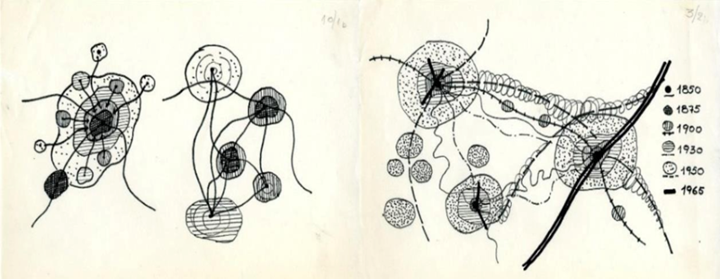 Conceptual diagram showing urban growth patterns and expansion of cities into a global network