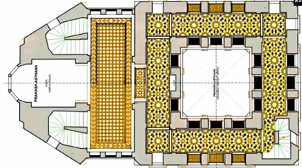 Corridor flooring pattern with repetitive geometric motifs