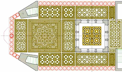 Ornamental flooring pattern with detailed geometric design in temple complex