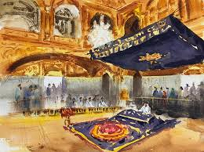 Interior view of Shri Harmandir Sahib with Guru Granth Sahib under decorative canopy