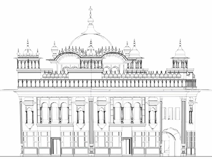 Architectural elevation drawing of Shri Harmandir Sahib showing detailed facade articulation