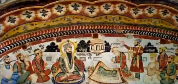 Traditional Sikh artwork and mural inside Shri Harmandir Sahib depicting Guru and followers