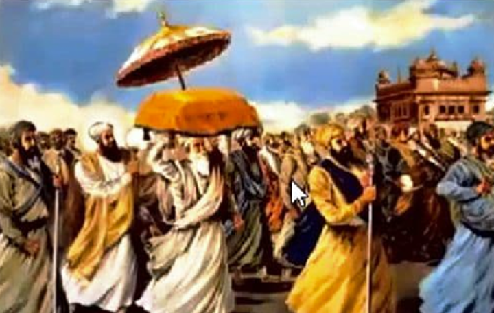 Sikh devotees procession near Golden Temple with traditional attire and ceremonial umbrella