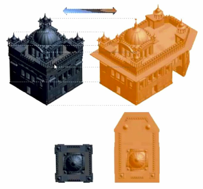 3D conceptual analysis showing transformation of form in Harmandir Sahib architecture