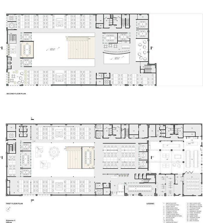 Ground and first floor plan of Atlassian Central office layout showing workspace zoning and circulation