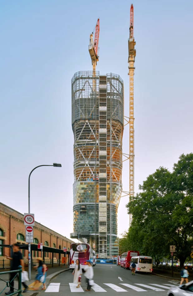 Atlassian Central skyscraper under construction in Sydney with cranes and steel exoskeleton