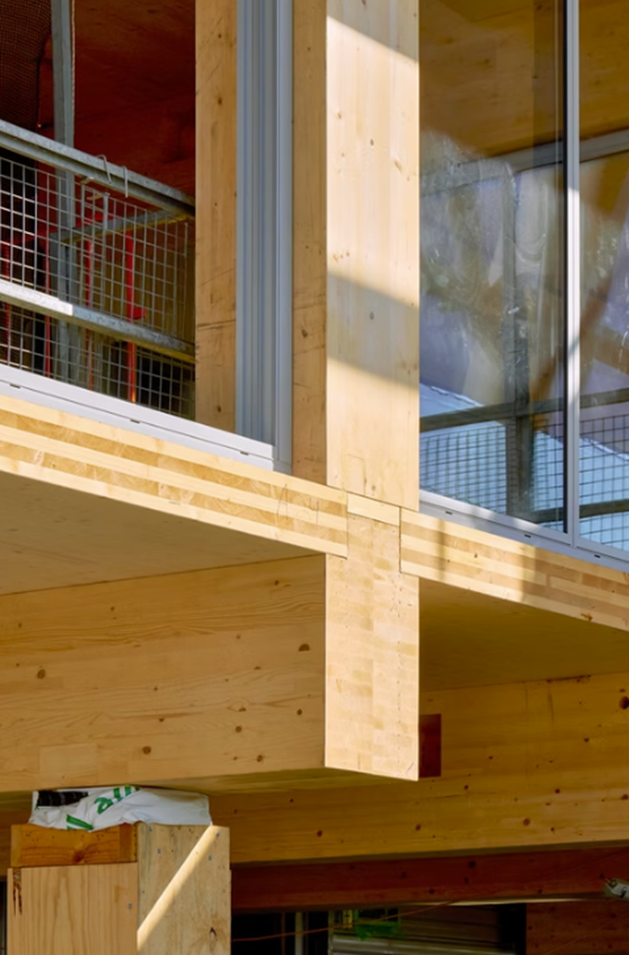 Cross laminated timber and glulam structural detail in Atlassian Central building