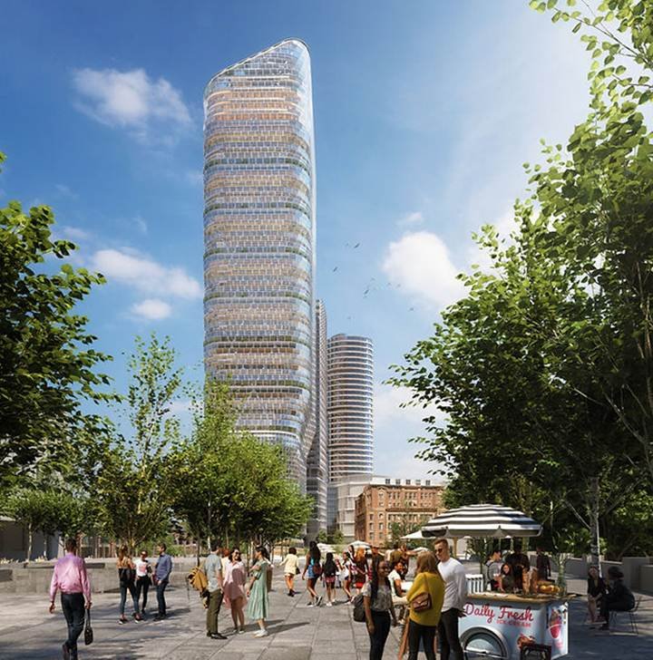 Architectural render of Atlassian Central timber skyscraper in Sydney with landscaped surroundings