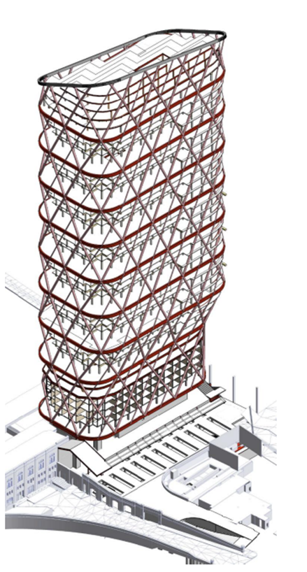 3D structural model of Atlassian Central showing steel exoskeleton framework