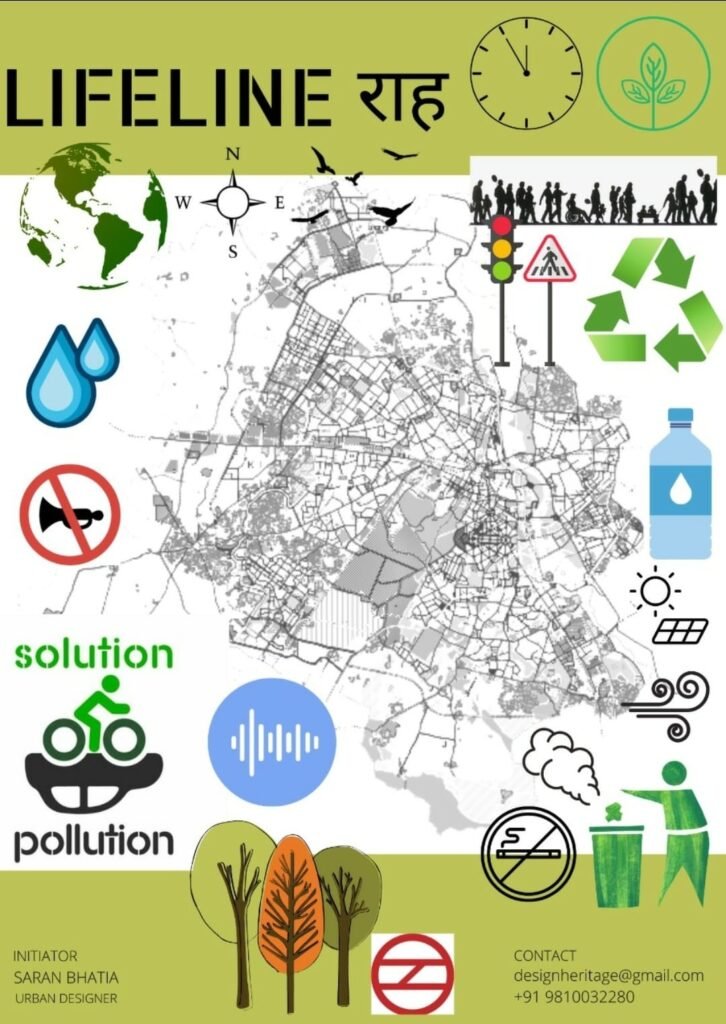 Lifeline Raah concept poster showing sustainable urban planning, walkable cities, and environmental awareness