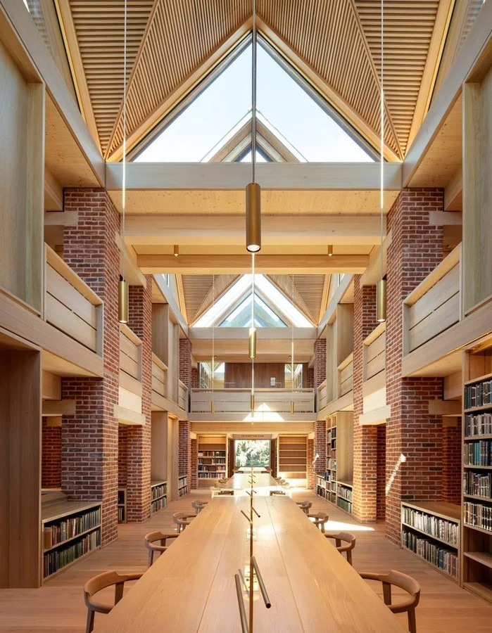 Interior of Magdalene College Library with timber roof and skylight
