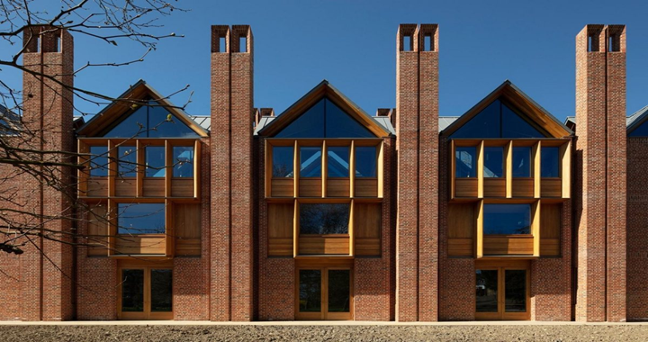 Brick and timber architecture inside Magdalene College Library Cambridge