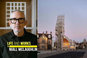 Portrait of architect Niall McLaughlin alongside a modern timber-structured building illustrating his philosophy of light, geometry, and contextual design