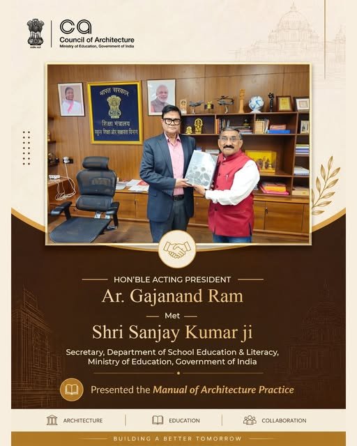 Ar. Gajanan Ram meeting Education Secretary Sanjay Kumar and presenting Manual of Architecture Practice