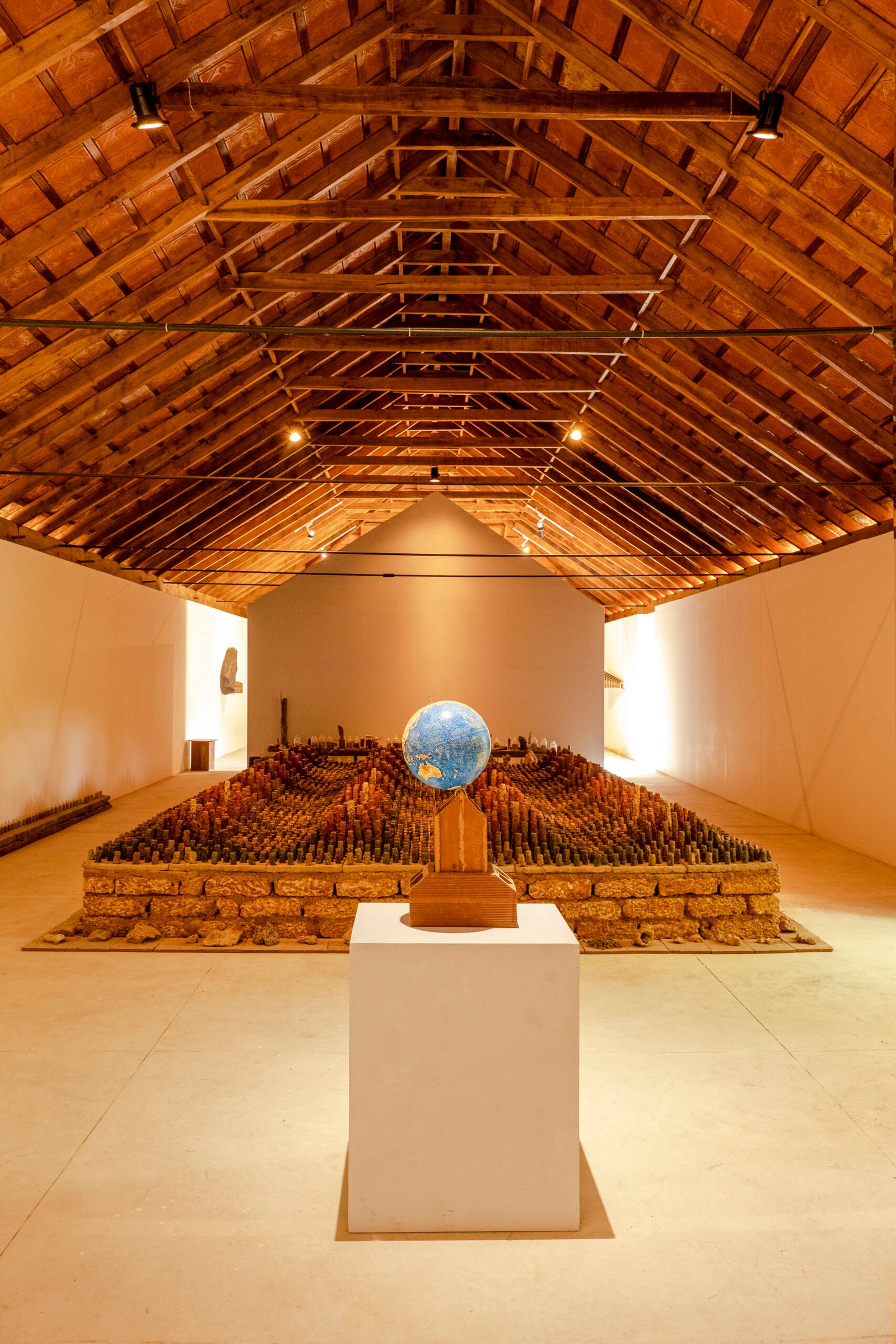 Interior installation space at Port Museum with exposed timber roofing