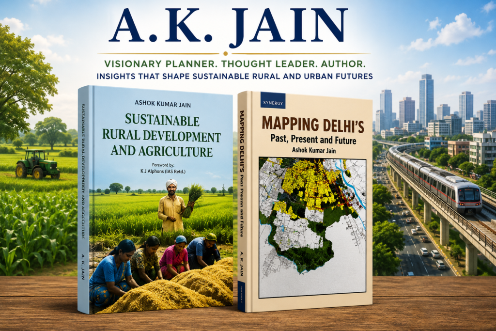 Promotional feature image showcasing A.K. Jain’s books Sustainable Rural Development and Agriculture and Mapping Delhi’s Past, Present and Future with rural farming and urban Delhi background.