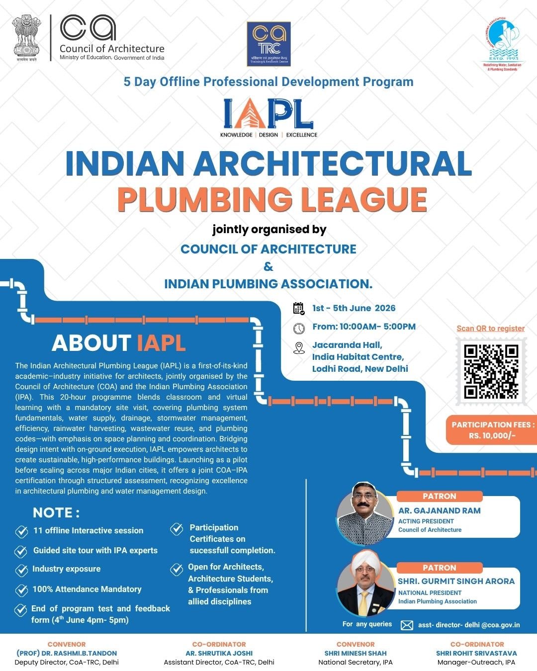 CoA-TRC Delhi and IPA to Organize 5-Day Professional Development Program on Architectural Plumbing