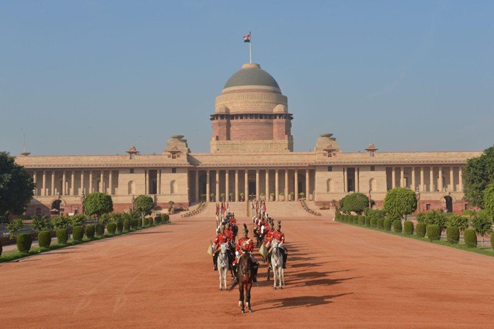 Ceremonial mounted guards at Rashtrapati Bhavan forecourt in New Delhi