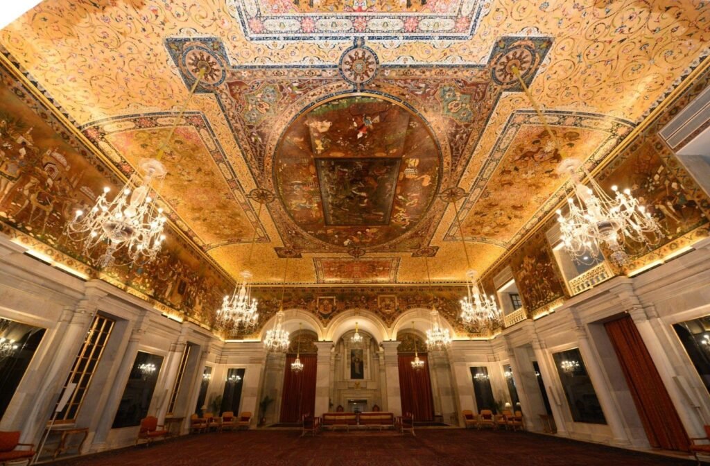 Ornate ceremonial hall interior at Rashtrapati Bhavan
