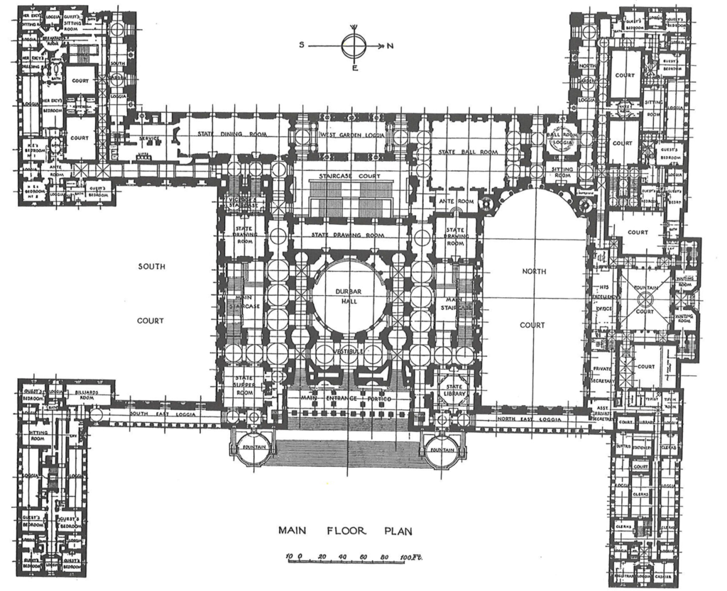 Main floor plan drawing of Rashtrapati Bhavan showing Durbar Hall and courtyards
