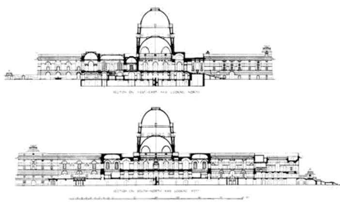 Architectural sectional elevation drawing of Rashtrapati Bhavan in New Delhi