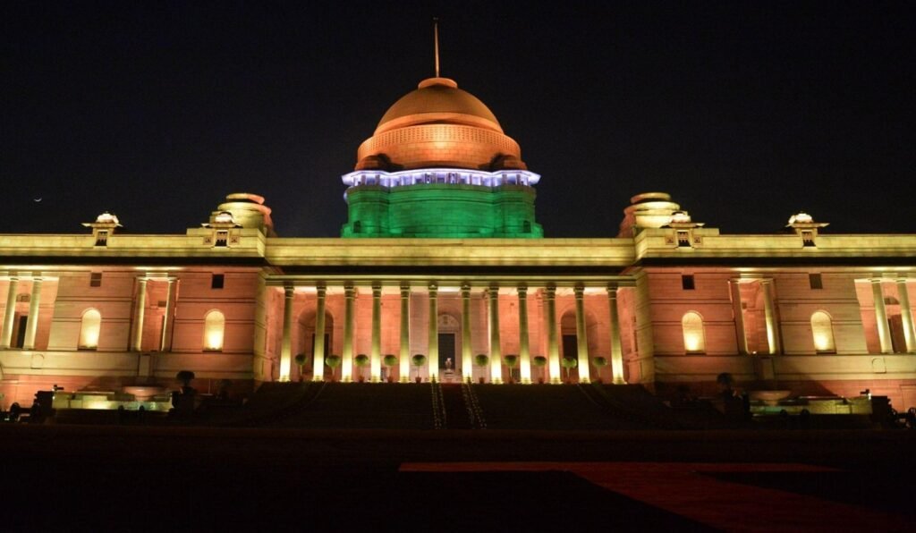 Rashtrapati Bhavan illuminated in tricolour lighting at night