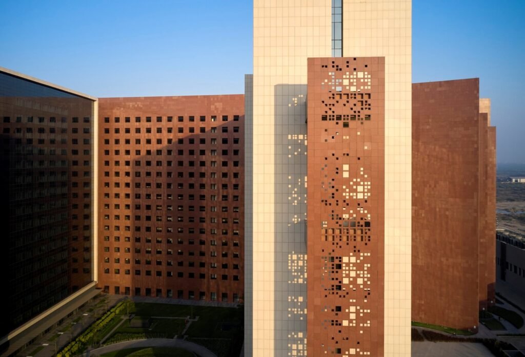 Perforated facade detail at Surat Diamond Bourse