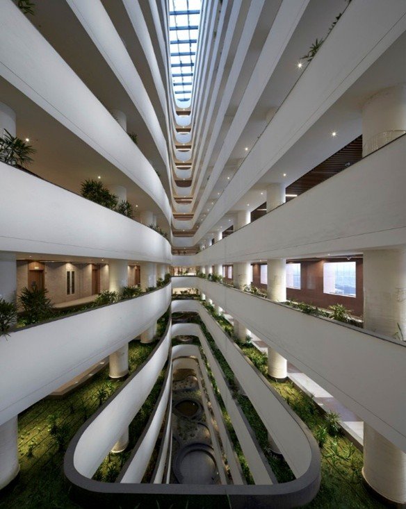 Multi-storey atrium inside Surat Diamond Bourse with landscaped interiors