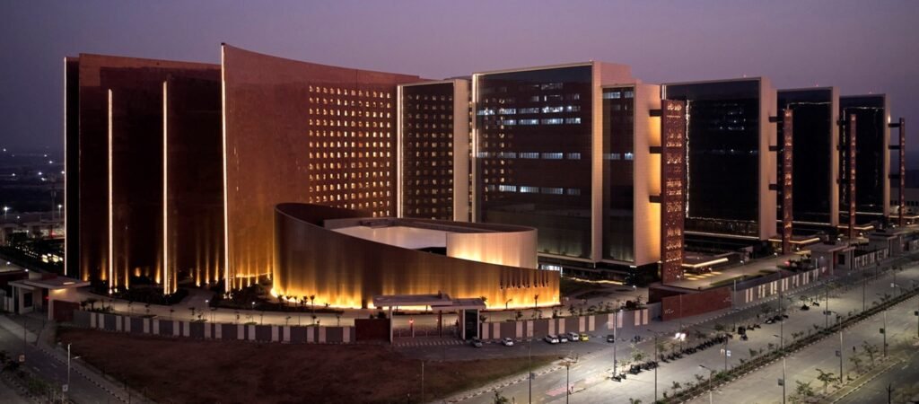 Night aerial photograph of Surat Diamond Bourse illuminated campus