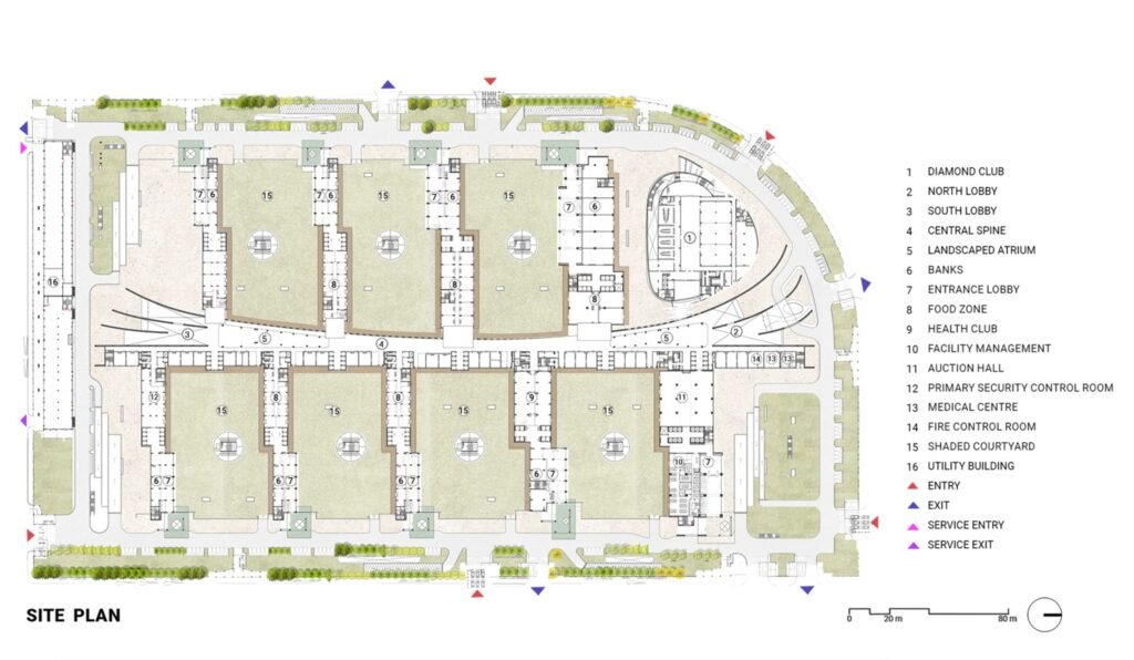 Site plan of Surat Diamond Bourse with labeled functions and courtyards